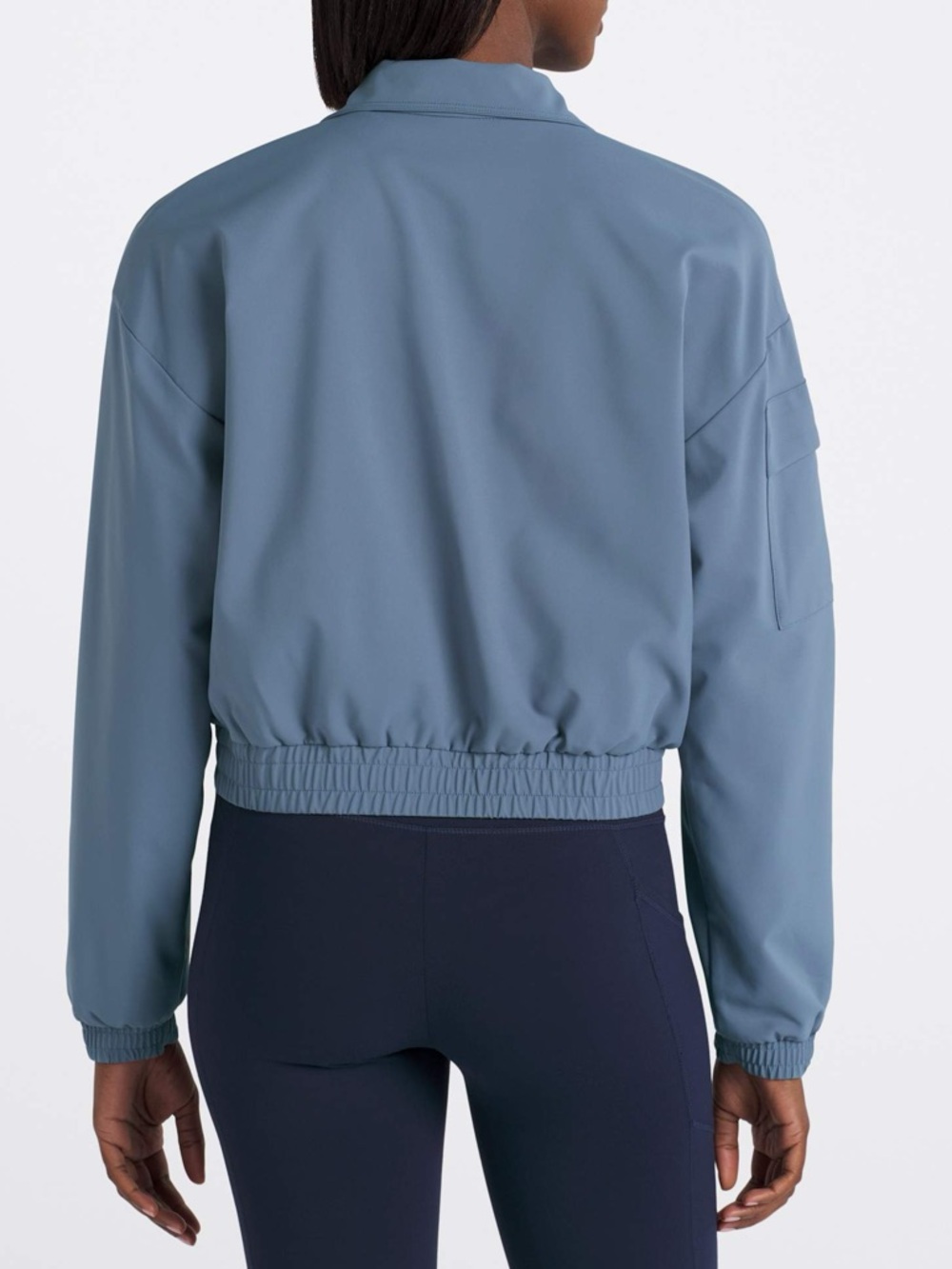 Beyond Yoga status pocket sleeve Slate Blue Zip-Front Bomber cropped Jacket M - Picture 5 of 7